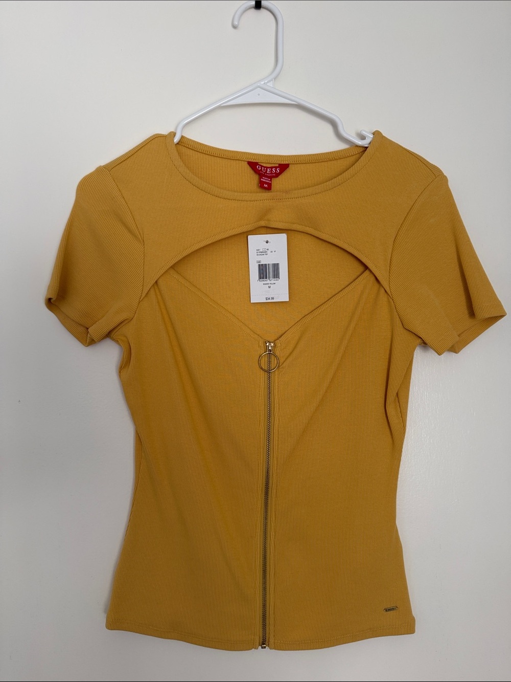 GUESS Mustard Zip-Front Short Sleeve Cutout Top